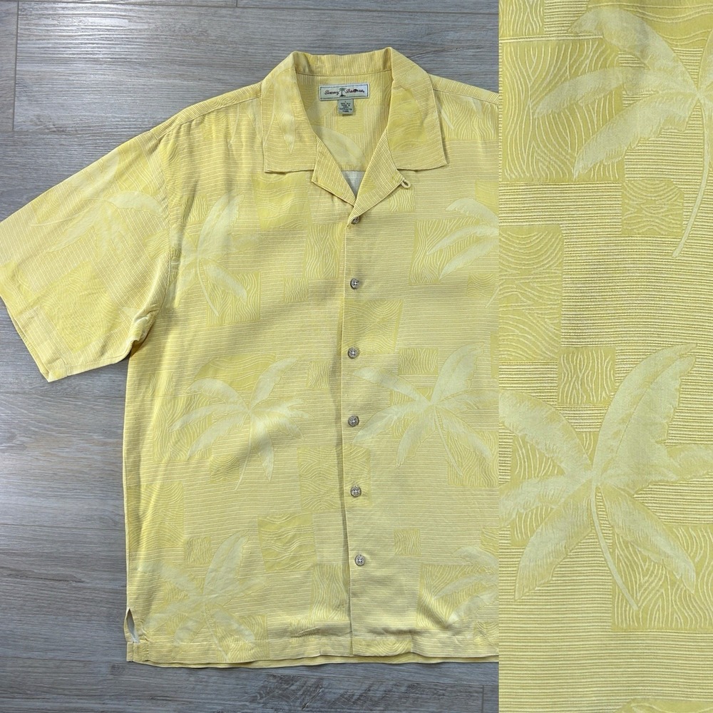 Tommy Bahama Shirt Mens‎ Large Yellow Silk Floral Hawaiian Camp Aloha Casual
